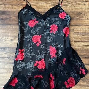 Secret Treasures Black Satin Slip Dress Floral Lace Romantic Y2K Coquette Y2K